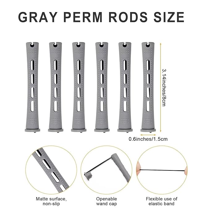Perm Rods Set for Short Natural Hair 40Pcs Gray Plastic Cold Wave Rods Hair Curling Rollers Small Size 0.59 Inch For DIY Hairdressing Styling