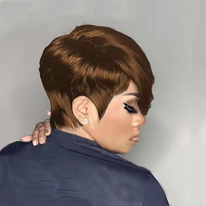 Adette Brazilian Remy Human Hair Pixie Cut Wig - #4 Dark Brown Side Part and Layered 8 Inch Short Straight Style 180% Density with Rose Net Cap for Black Women