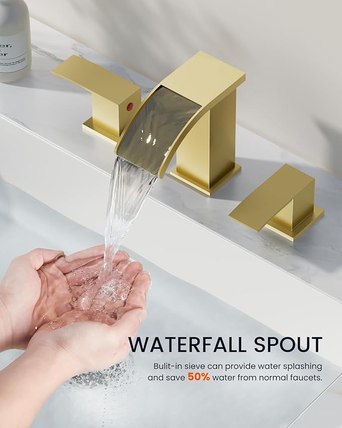 gotonovo Waterfall 8 inch Widespread Bathroom Faucet Set Bathroom Sink Faucet 3 Hole 2 Handle Vanity Lavatory Deck Mount with Pop Up Drain and Water Supply Lines Square Body Brushed Gold