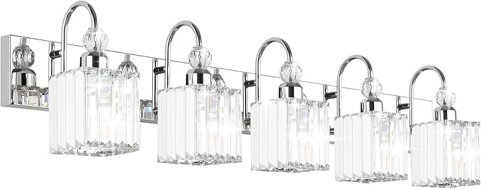 Ralbay Chrome Crystal Vanity Lights 5-Lights 40'' Modern Crystal Bathroom Light Fixtures Modern Crystal Vanity Lighting Over Long Mirror Bathroom Wall Lighting Fixtures