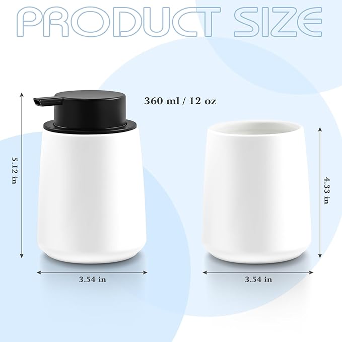 Ceramic Foam Soap Dispenser 2 Pack, 12oz White Lotion Hand Sanitizer Soap Dispenser with Easy-to-Press Pump for Bathroom & Kitchen Countertop Refillable