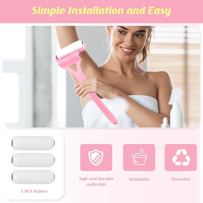 Lotion Applicator for Back, Backs Lotion Applicator for Women and Men with 3 Reusable Washable Foam Rollers, Long Curved Handle Sunscreen Applicator for Back(Pink)
