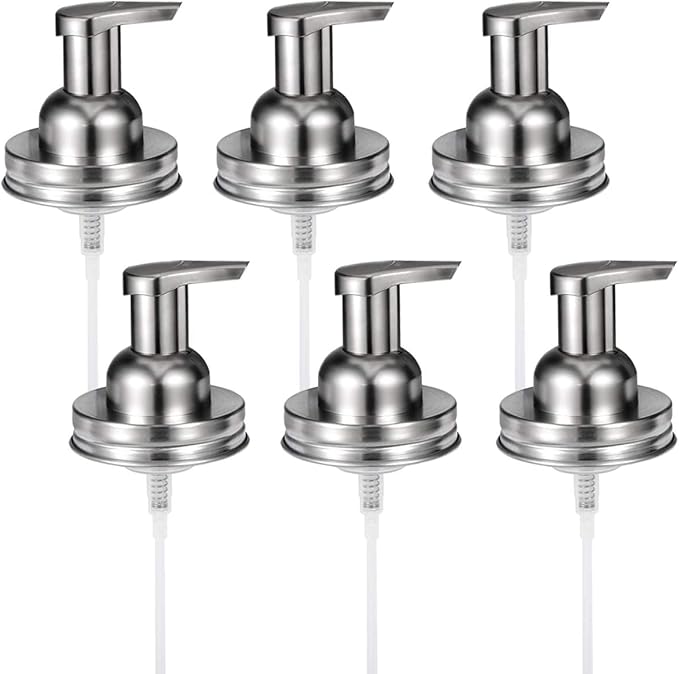 Amolliar Mason Jar Foaming Soap Dispenser Pump Lids (6 Pack), Refillable Foaming Pump Replacement for 16oz Regular Mouth Mason Jar, Waterproof Sticker, Kitchen Bathroom Farmhouse Decor, Brushed Nickel
