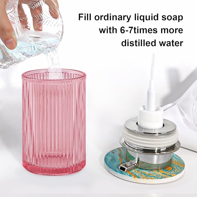 Foaming Soap Dispenser, 12 Oz Pink Glass Foam Hand Soap Dispenser, Refillable Glass Foam Pump Bottle Container Decorative Slim Ribbed Bottle for Bathroom and Kitchen