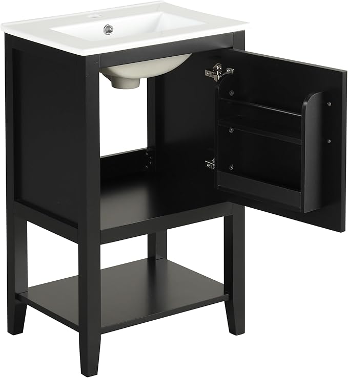 Bellemave 20" Small Bathroom Vanity with Sink, Modern Bathroom Storage Cabinet with Door and Storage Rack, Free Standing Single Basin Vanity with Open Shelf, Undermount Ceramic Sink, Black