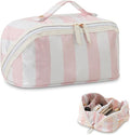DYSHAYEN Stripe Travel Makeup Bag with Compartments Clear Coated Cosmetic Bag for Women, Waterproof Portable Open Flat Toiletry bag （White-Pink）