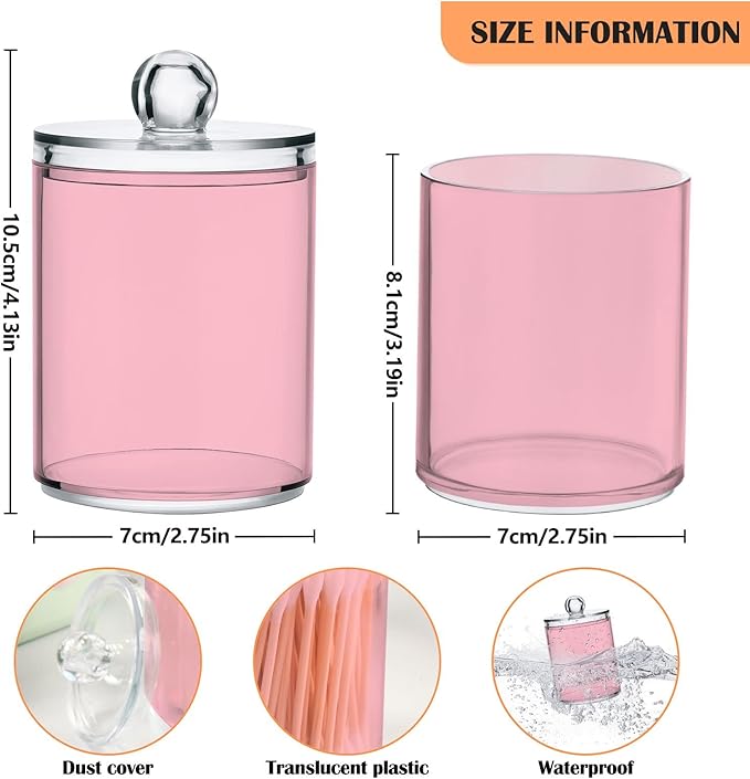 Pink Qtip Holder Organizer Dispenser Cotton Swabs Cans Plastic Jars with Lid Set 2 Pack Bathroom Storage Canister for Cotton Ball Floss Cotton Pads