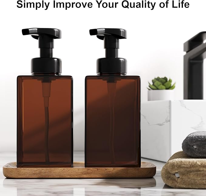 Amber Foaming Soap Dispenser, Refillable Foam Hand Soap Dispenser, Set of 2 Empty Foamer Pump Bottle, Brown Foaming Dispenser Bottles with Black Pump