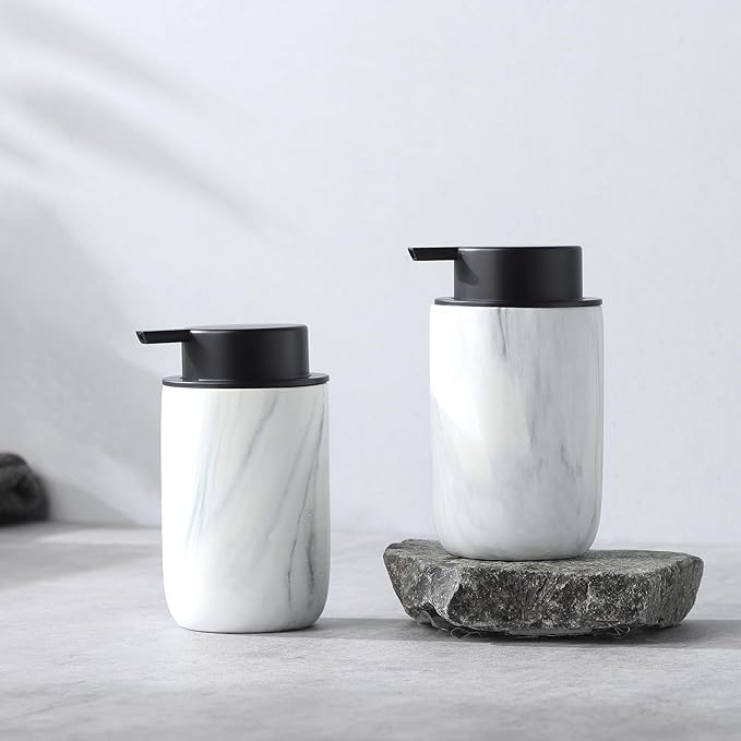 White Marble Soap Dispenser Set- Modern Ceramic Hand Soap Dispenser for Bathroom Liquid Soap for Farmhouse Kitchen Bathroom Decor 2 Pack