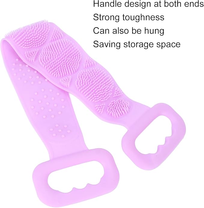 Silicone Back Scrubber Strap Double Sided Exfoliating Bath Shower Cleaning Belt Ergonomic Design for Men Women Kids Elderly Soft Dense Brush Hair Body Massage Tool (Purple)
