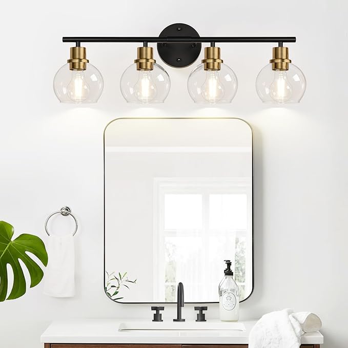 4-Light Bathroom Light Fixtures, Black and Gold Bathroom Lights Over Mirror with Clear Glass Globe Shade, Vanity Lights for Bathroom Kitchen Living Room Hallway Cabinet Bedroom Porch