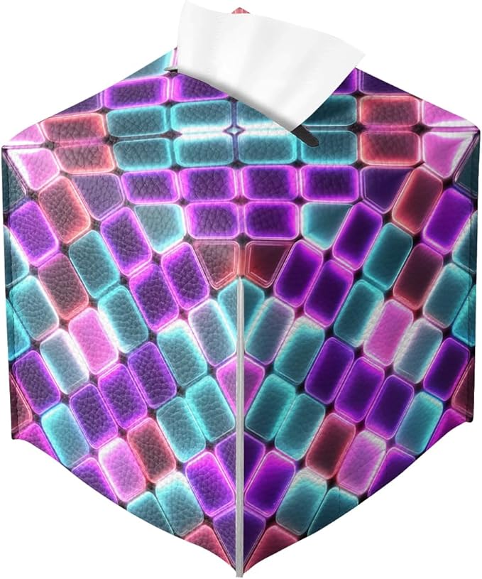 Neon Tissue Box Cover Colorful Rainbow Tiles Purple Blue Pink Leather Tissue Box Holder Square Facial Paper Organizer Dispenser for Car Bathroom Bedroom Office Tabletop Decor