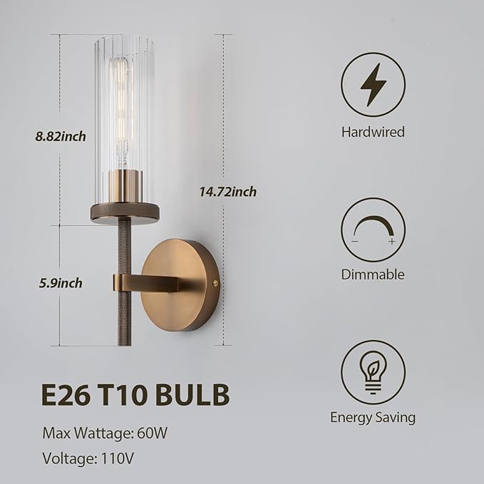 15" Knurled Bronze Hardwired Wall Sconces Set of 2, Bathroom Vanity Light Fixtures with Vertical Striped Glass Tube, Modern Lamp Lighting for Bedroom, Living Room, Hallway, Staircase, Mirror, Kitchen