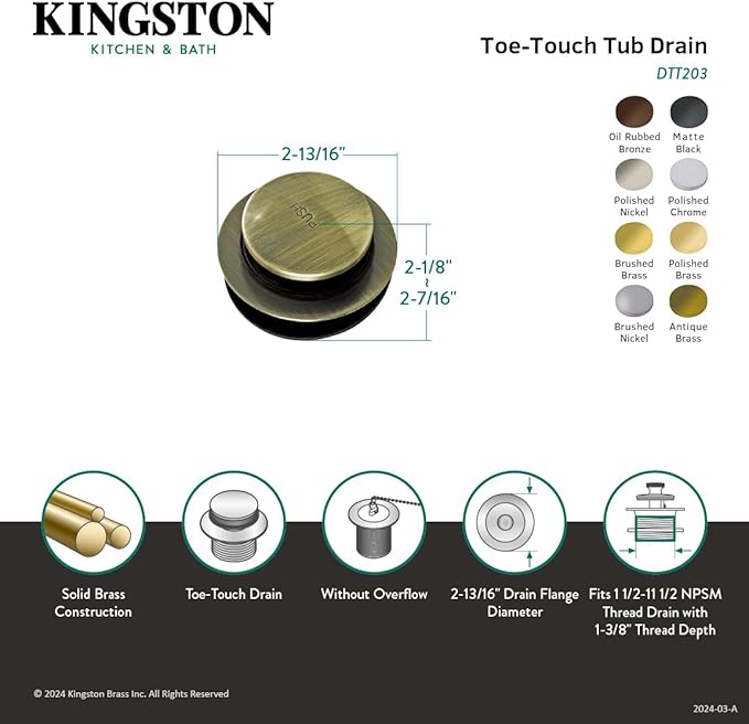 Kingston Brass DTT202 Tip-Toe Tub Drain, Polished Brass