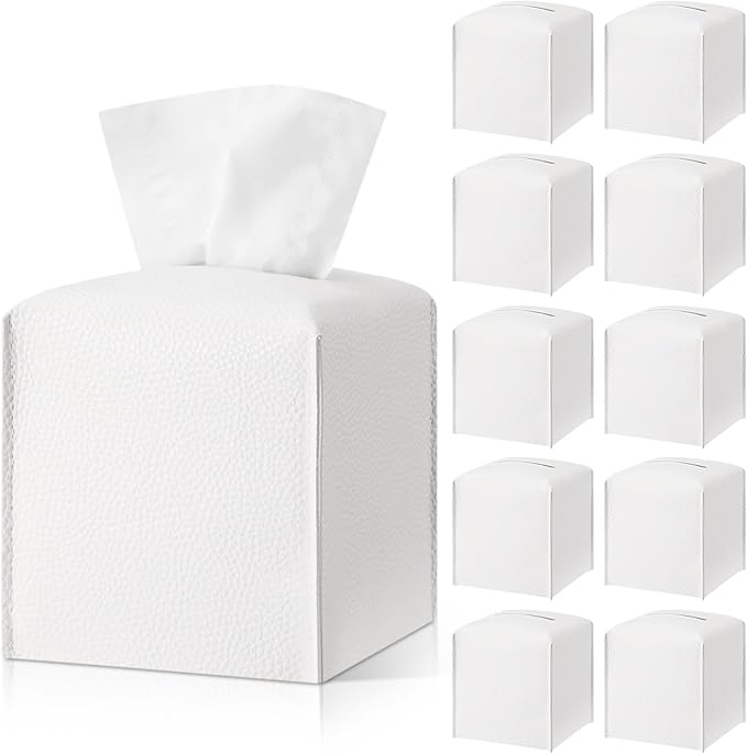 Honeydak 10 Pcs Tissue Box Cover Square Modern PU Leather Tissue Box Holder Decorative Organizer Container for Bathroom Vanity Countertop, Night Stands, Office Desk Car Supply 5.3"x5.3"x5.3" (White)