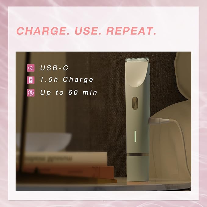 Bikini Trimmer for Women, Dual-Head Electric Body Hair Trimmer for Sensitive Areas, IP67 Waterproof Rinsable, USB-C Rechargeable Groomer for Bikini Line, Underarms, Legs & Face (Pure White)