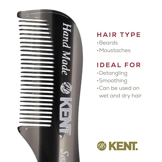 Kent A 81T Black Graphite X-Small Men's Beard Mustache Pocket Comb, Fine Toothed for Facial Hair Grooming and Styling. Hand-Made of Quality Cellulose Acetate, Saw-cut Hand Polished. Made in England