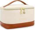 Small Makeup Bag Travel Cosmetic Bag Toiletry Zipper Pouch Make Up Organizer Bag with Handle Purse for Women Soft PU Leather Skincare Case (L01-Beige)