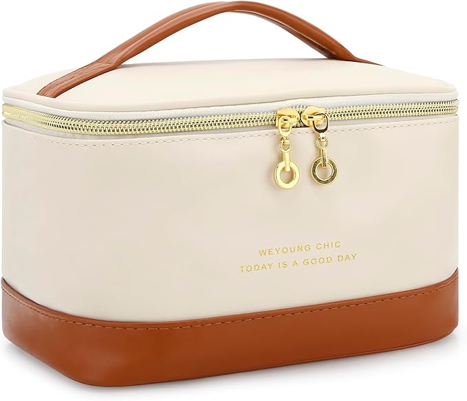 Small Makeup Bag Travel Cosmetic Bag Toiletry Zipper Pouch Make Up Organizer Bag with Handle Purse for Women Soft PU Leather Skincare Case (L01-Beige)