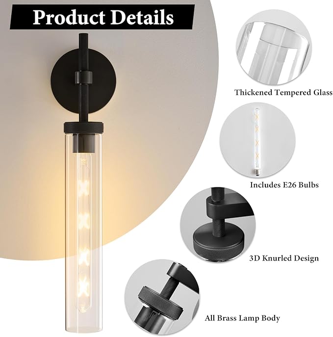 Brass Knurled Tube Wall Sconce - Luxury Modern Glass Sconces with Bulbs - Black Dimmable Indoor Lighting - Vertical Mounted Light Fixture for Vanity Mirror Bathroom Bedroom Living Room Hallway