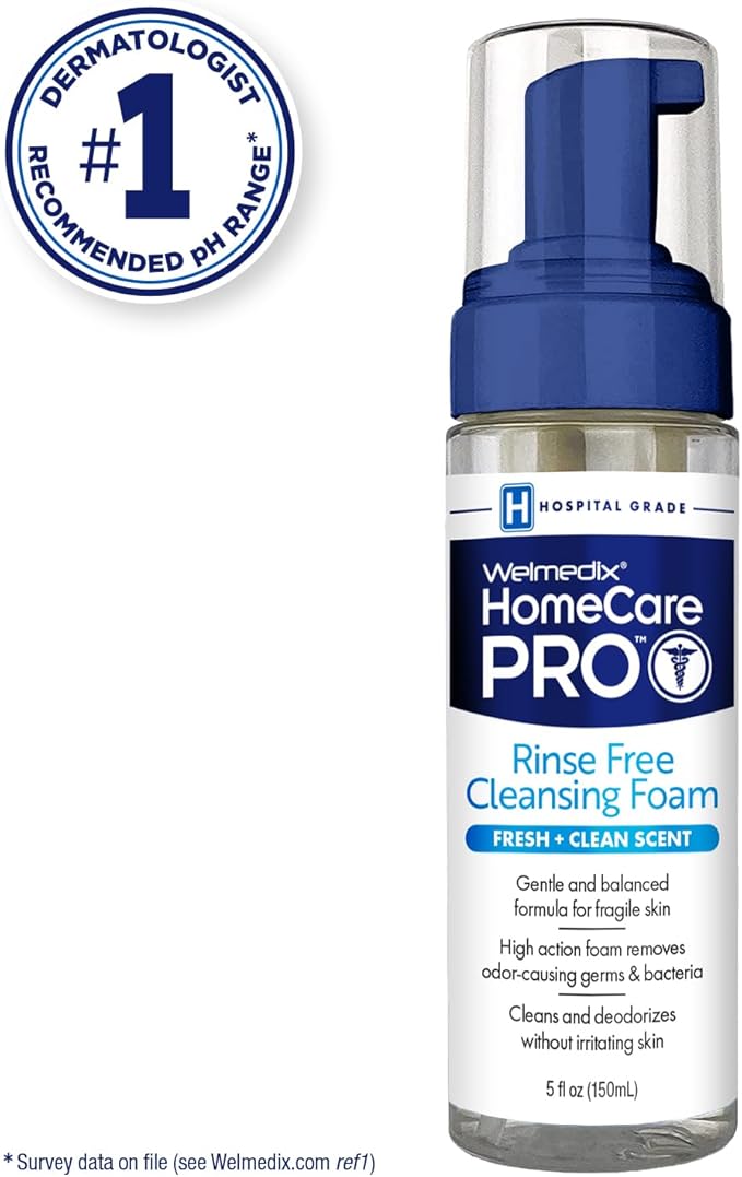 Welmedix HomeCare PRO No Rinse Body Wash Cleansing Foam, easier cleansing for caregivers managing incontinence, pressure ulcers, bedsores + use with adult wipes, disposable washcloth (5oz)
