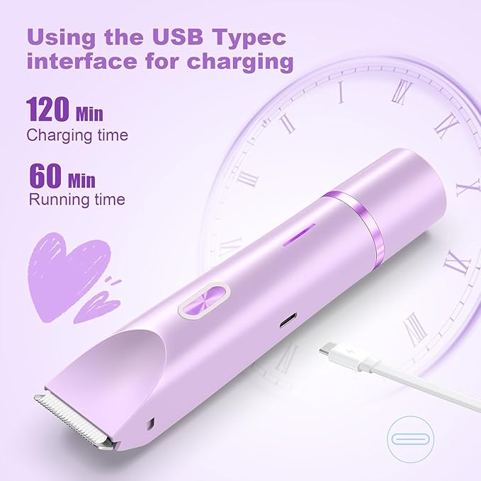 Bikini Trimmer for Women Dual Head,Painless Electric Razors,Bikini Shaver for Pubic Hair, Face, Legs(Lavender Purple)