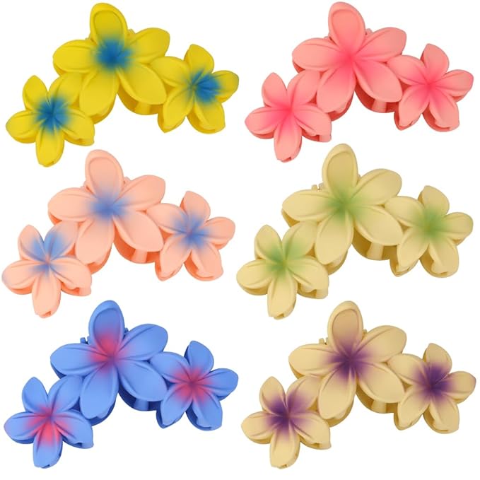 Ahoney Flower Hair Clips - 6PCS Hawaiian Hibiscus Clips for Thick Hair, Beach Hair Accessories for Women and Girls (Cute Style)