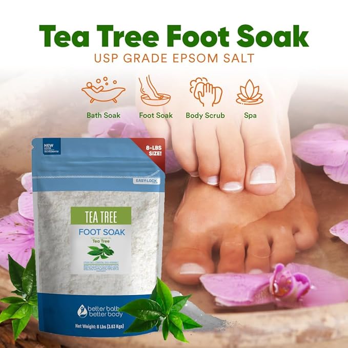 Tea Tree Foot Soak 128 Ounces (8 Lbs) Epsom Salt with Natural Scent Tea Tree and Lavender Pure Essential Oils Plus Vitamin C in BPA Free Pouch with Easy Press Lock Seal Made in USA