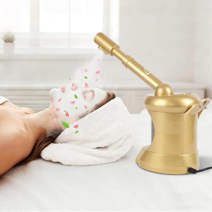 Facial Steamer, Nano Ionic Face Steamer with Extendable Arm for Deep Cleaning and Hydration, 360°Rotating Nozzle Face Humidifier, Portable Ozone Steamer for Beauty, Spa and Home Use（Golden）