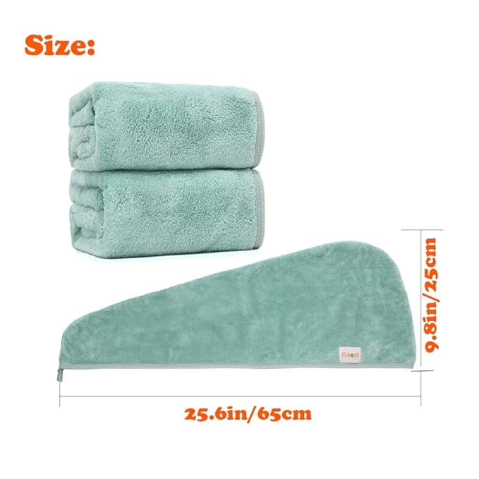 2 Pack Microfiber Hair Towel Wrap,Hair Drying Towel with Button, Hair Towel Turban,Head Towel to Dry Hair Quickly (Green&Green)