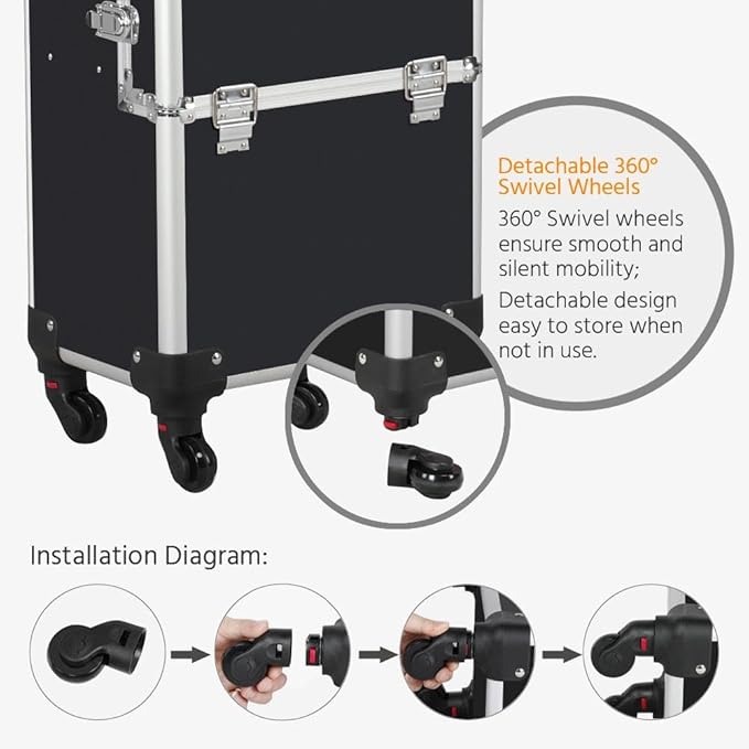 Yaheetech Rolling Makeup Train Case 3 in 1 Cosmetic Makeup Case Large Aluminum Trolley Makeup Travel Case Professional Rolling Cosmetic Beauty Storage, with 360° Swivel Wheels, Black
