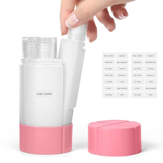 Olatay 4-in-1 Leak-Proof Bottle, 4 * 60ml/2oz, with 2 Pre-printed Labels for Travel Gym Camping, Carry-On Travel Size Toiletries Shampoo Lotion Bottle