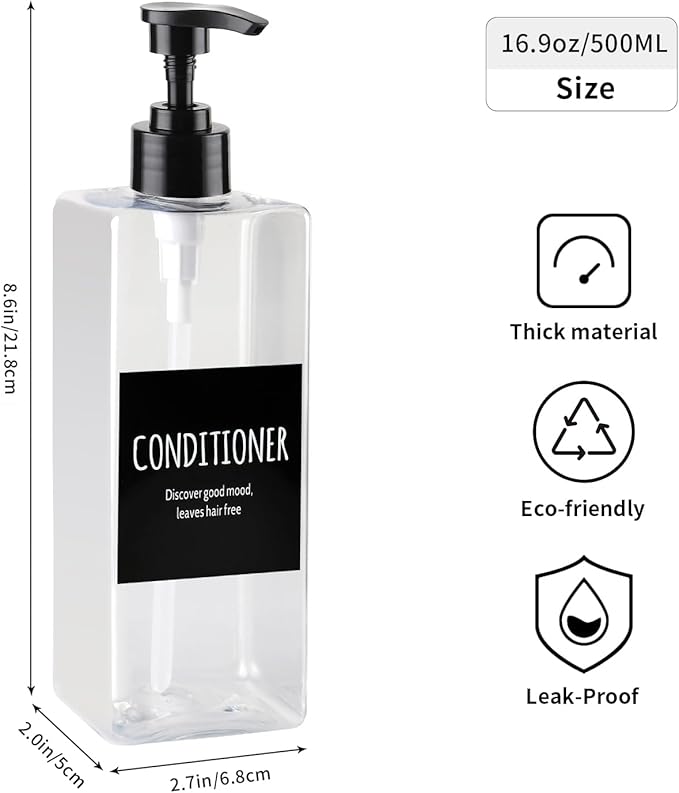 Shampoo and Conditioner Dispenser - Shower Soap Dispenser -16.9 Fluid Ounce Set, 3 Plastic Bottles and Black Pump - Shower Soap Dispenser, Suitable for Bathroom Refillable Dispenser