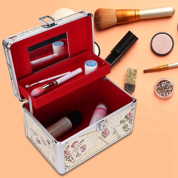 Makeup Case with Mirror, Professional Aluminum Makeup Storage Box, Portable Small Cosmetic Case for Beauty Artists, Travel Cosmetic Train Case Organizer with Dividers and Tool Panel for Brushes