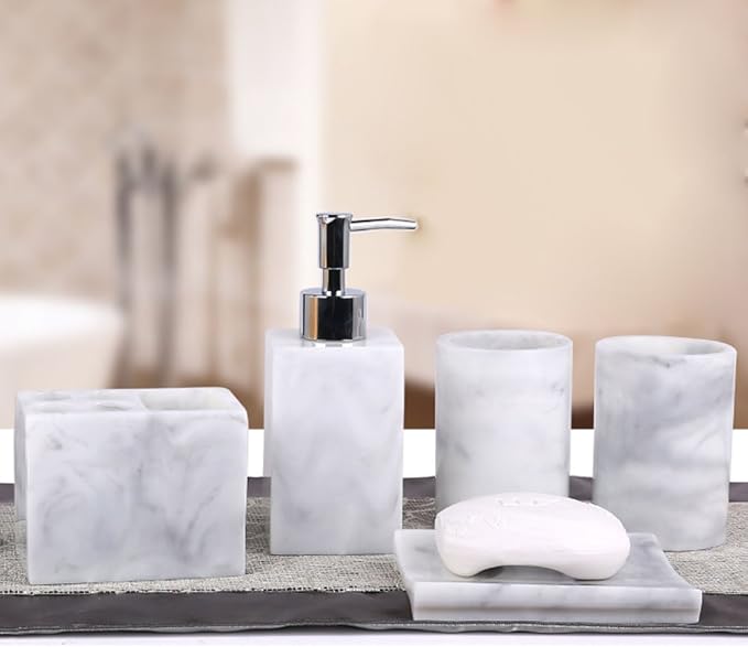 LUANT Resin 5pcs Bathroom Accessory Set - Tumbler, Soap Dish, Liquid Soap Dispenser, Toothbrush Holder,Grey