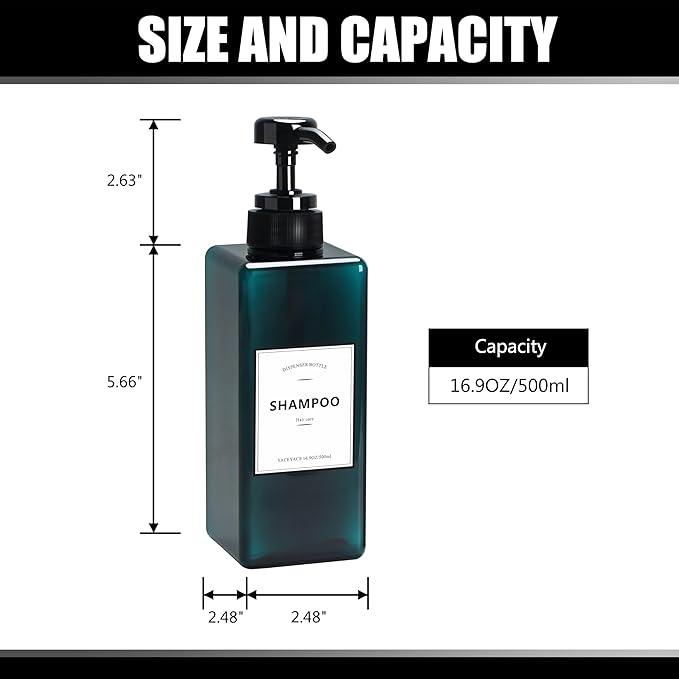 16.9oz Set of 3 Refillable Shower Dispensers, Black, Rectangular, PUMP DISPENSER