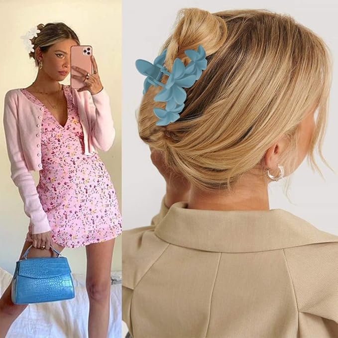 Ahoney 6PCS Blue Flower Hair Clips for Women Strong Hold Nonslip, Big Flower Claw Clip for Thick Hair, Hawaiian Cute Hair Clips Beach Hair Accessories for Women Girls