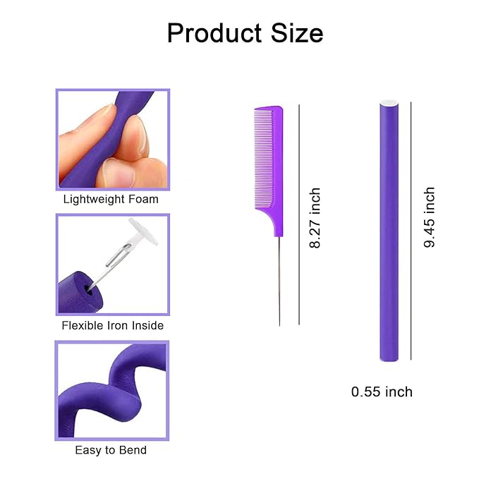 9.45"x 0.55" Flexible Curling Flexirods, 30Pcs Heatless Bendy Foam Rods for Long, Medium, Short Hair Curls - Purple