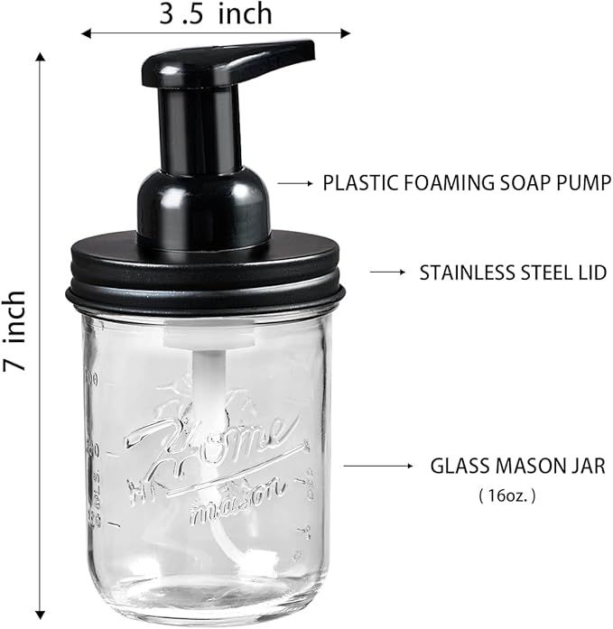 SheeChung Mason Jar Foaming Soap Dispenser, Glass Foaming Hand Soap Dispensers, Stainless Steel Lid, Refillable Foam Soap Dispenser for Bathroom Kitchen, Farmhouse Bathroom Decor (2 Pack, Black)
