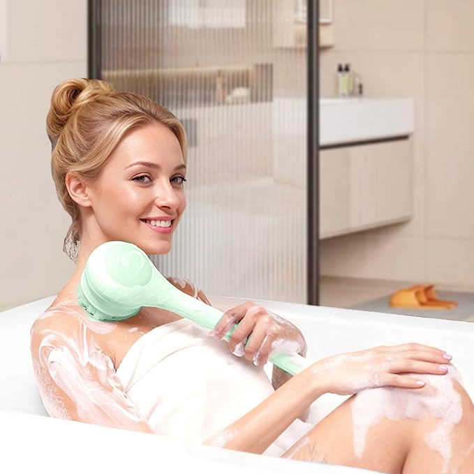 Electric Body Brush Back Scrubber for Shower, Waterproof Long Dual Handle Body Scrubber with 3 Heads, Bath Brush & 2 Speeds, for Cleansing, Exfoliating and Massaging Skin, Pale Cypress Green