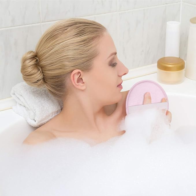 Boao 6 Pcs Bath Shower Pouf Sponge Mesh Pouf Shower Ball Exfoliating Body Sponge Pad Scrubber Glove with Flower Bath Ball (Beige,Green,Purple)