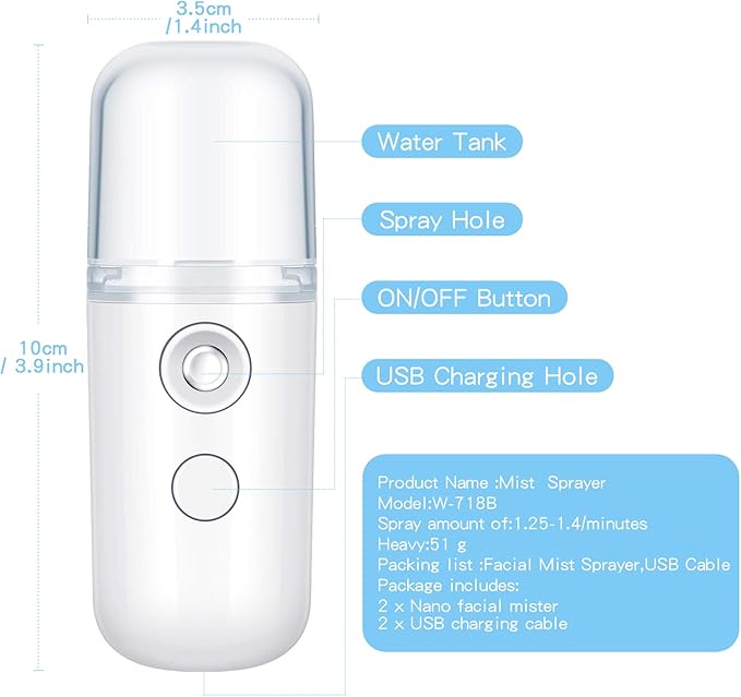 Honoson 2 Pack Nano Facial Mister Spray Bottle Handheld Humidifier Portable Face Mister for Eyelash Extensions USB Rechargeable 1 oz Mini Skin Care Machine for Daily Makeup(White)