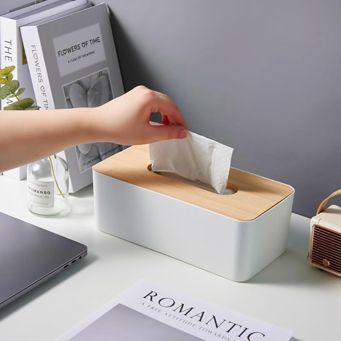 Tissue Box with Bamboo Cover,Plastic Tissue Organizer,Bathroom Tissue Dispenser for Home,Bedroom,Office,Living Room,8.1×4.6×2.9 in (Grey)