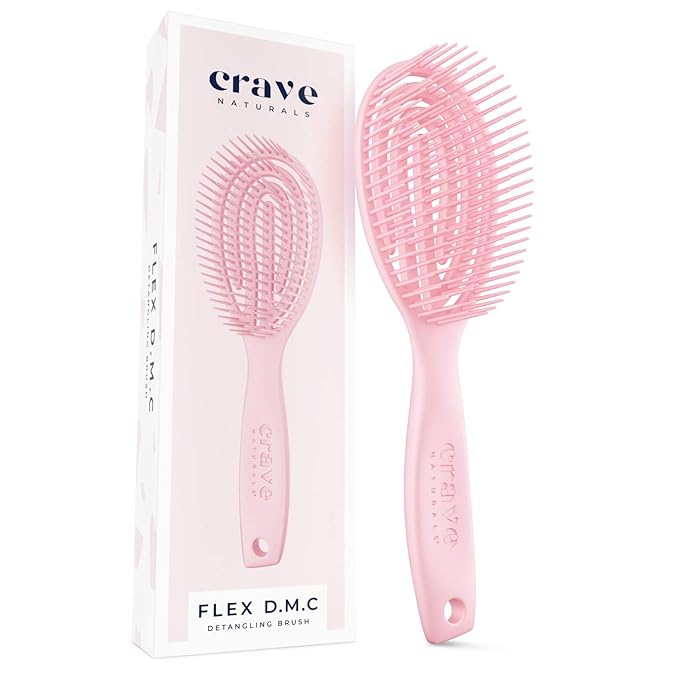 Crave Naturals FLEX DMC Detangling Brush for Natural Textured Hair - Flexible Hair Brush Detangler for Curly, Frizzy, Thick Hair - ROUND (Plastic)