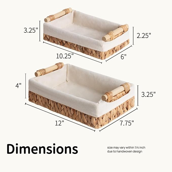 Baskets for Organizing, Set of 2 Natural Water Hyacinth Bathroom Countertop Baskets with Liner, Wicker Basket Organizer with Wooden Handles for Vanity, Counter, Shelf Storage