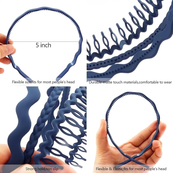 AHONEY 7 Pack Blue Headbands for Women Mens Headbands with Teeth Non Slip Hairbands for Women's Hair Accessories Comb Headband Diademas Para Mujer (Navy blue)