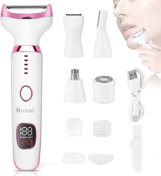 Electric Bikini Trimmer for Women - 5 in 1 Upgraded Body Face Shaver Nose Pubic Hair Trimmer Razors for Women Men Rechargeable Hair Removal Kit for Face Chin Eyebrow Arms Armpit Legs Groomer