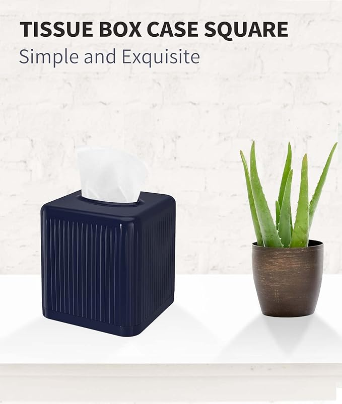 Livelab Tissue Box Cover with Base, Square Plastic Tissue Box Holder Decorative Tissue Box Case Modern Facial Paper Dispenser for Bathroom, Vanity Countertops, Night Stands, Desk - Navy Blue