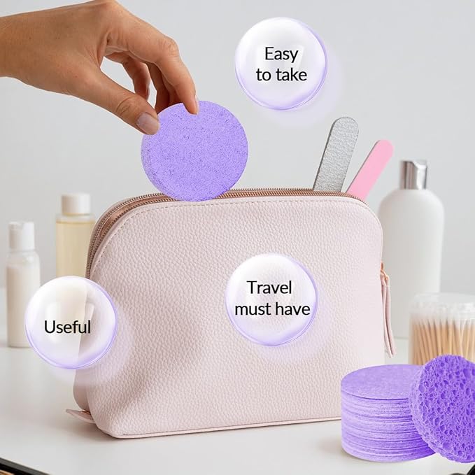 100-Count Facial Sponges Compressed Natural Cellulose Sponge Round Shape Face Sponge for Face Cleansing Exfoliating and Makeup Removal, Purple