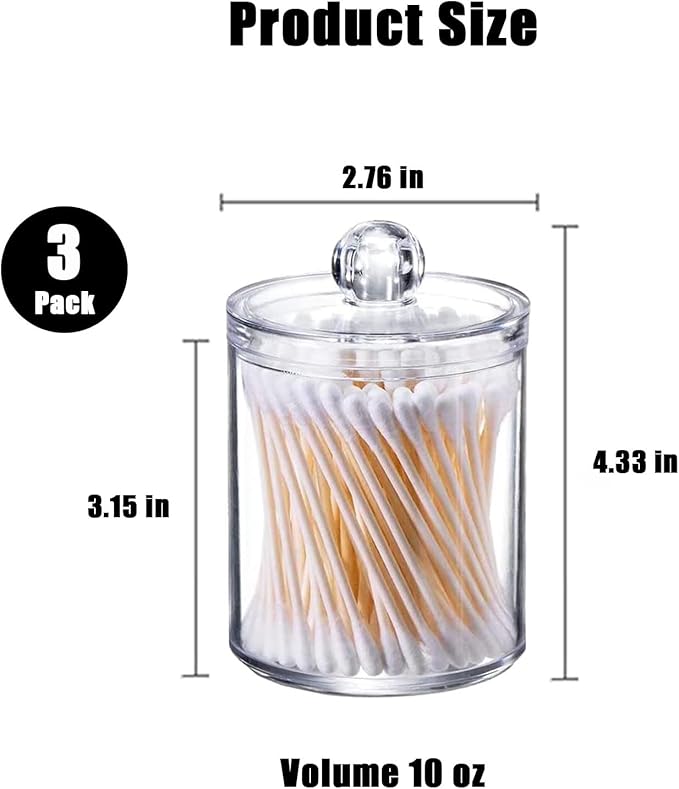 3PCS Acrylic Qtip Dispensers Holders With Clear lid, Clear Bathroom Round Countertop Storage Organizer Canister for Cotton Balls,Swabs,Pads,Bath Salts , Makeup Sponges,Tooth Floss